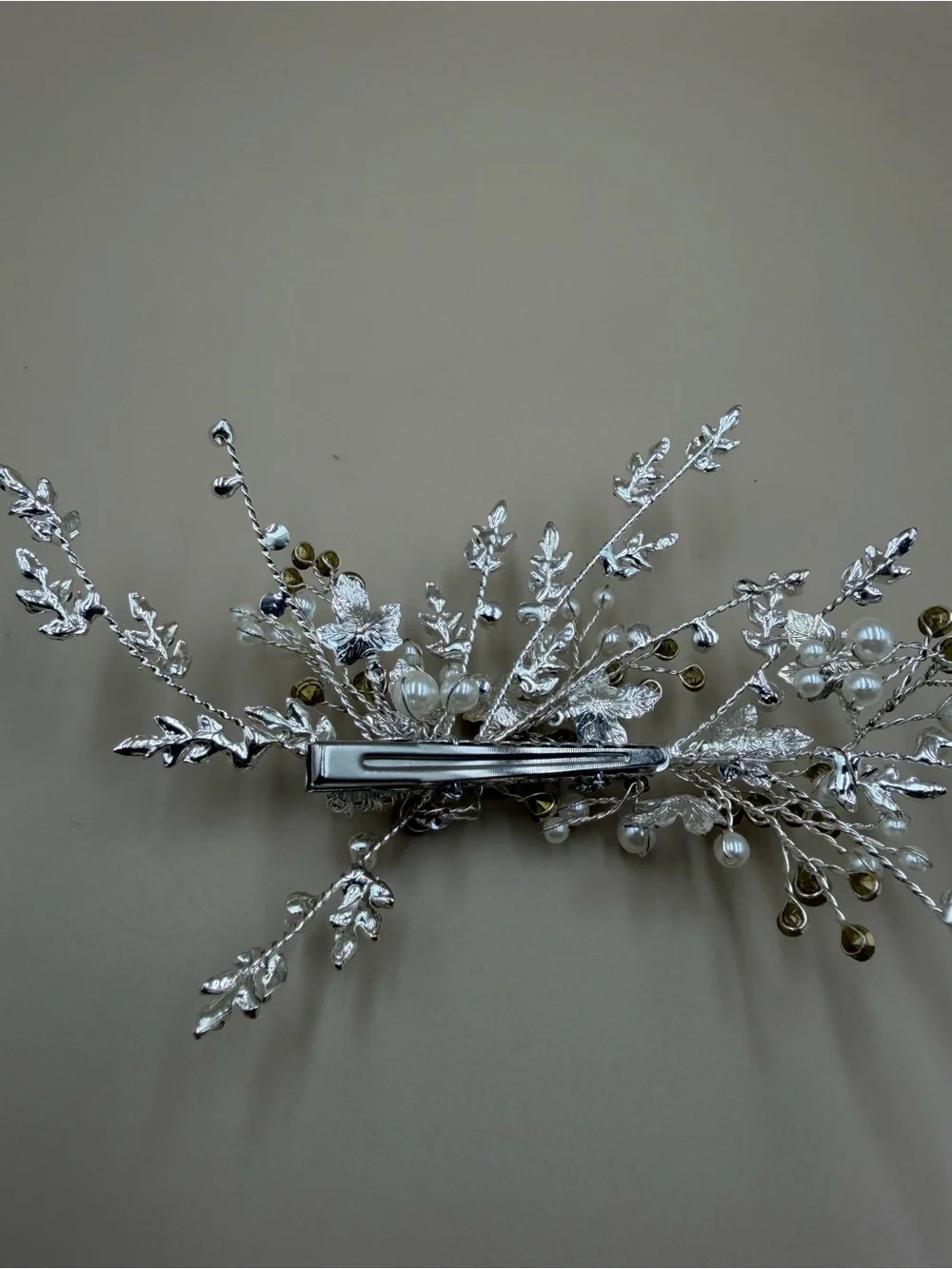 Bridal Pearl Crystal Leaf Hair Barrette Silver Wedding Clip 6”